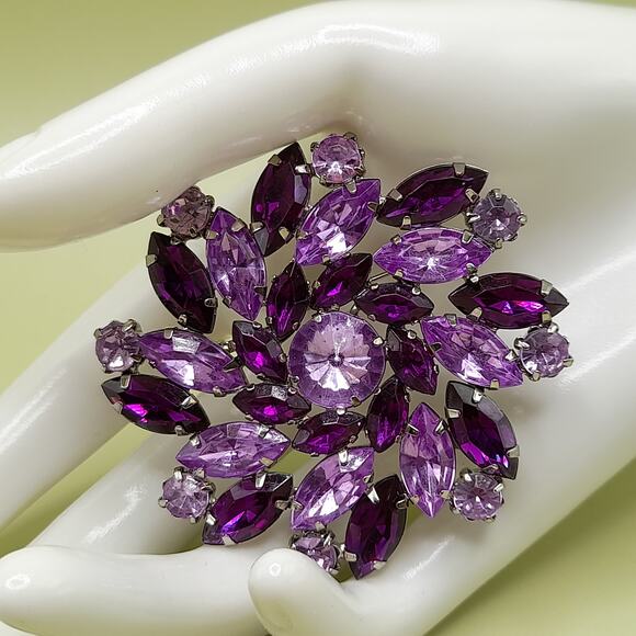 Vintage Purple Lavender Acrylic Rhinestone Brooch, 1990s, 2 1/4 Inches - Picture 2 of 10